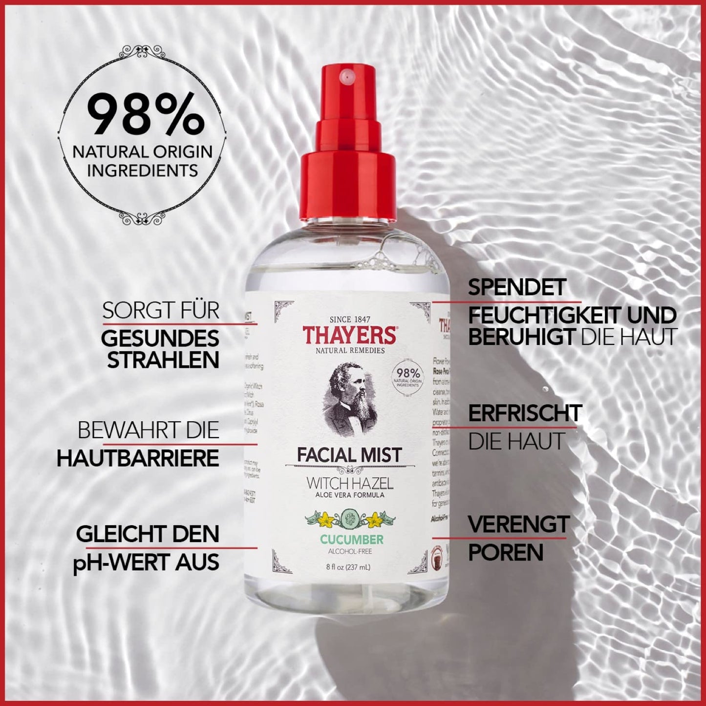 THAYERS Alcohol-Free Witch Hazel Facial Mist Toner with Aloe Vera, Cucumber, 8 Ounce (Pack of 2)