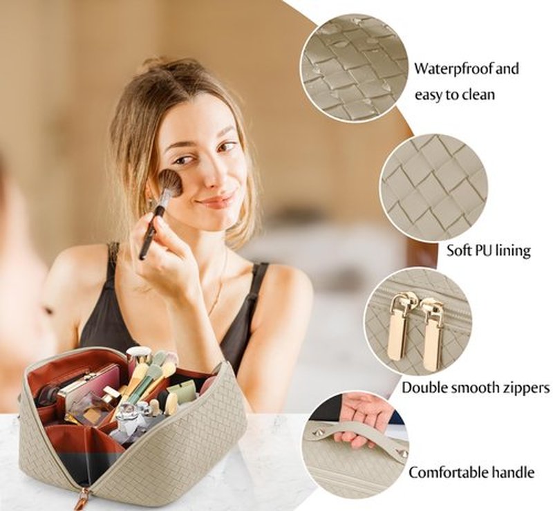 ALEXTINA Large Capacity Travel Cosmetic Bag - PU Leather Makeup Organizer Bag Portable Woven Makeup Bags for Women Waterproof Travel Toiletry Bag with Divider Pouch, Khaki