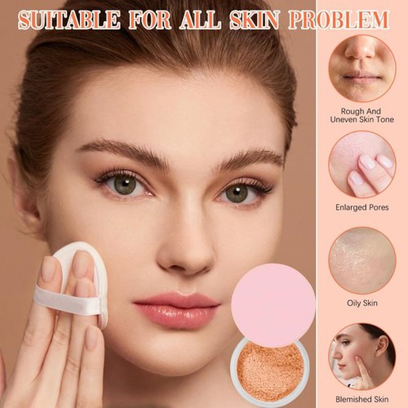 Beauty Blurring Powder,Beauty Setting Powder,Beauty Pink Setting Powder with Powder Puff Brush，Waterproof Setting Powder For All Skin Tones(Orange, 1 Set)