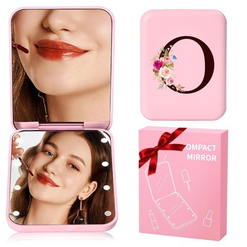 KEWWADB Travel Mirror with Lights, Initials Portable Compact Mirror, Travel Essentials, Suitable for Teen Girls, Young Women Gifts Ideas, Birthdays Gifts(Pink) (O)