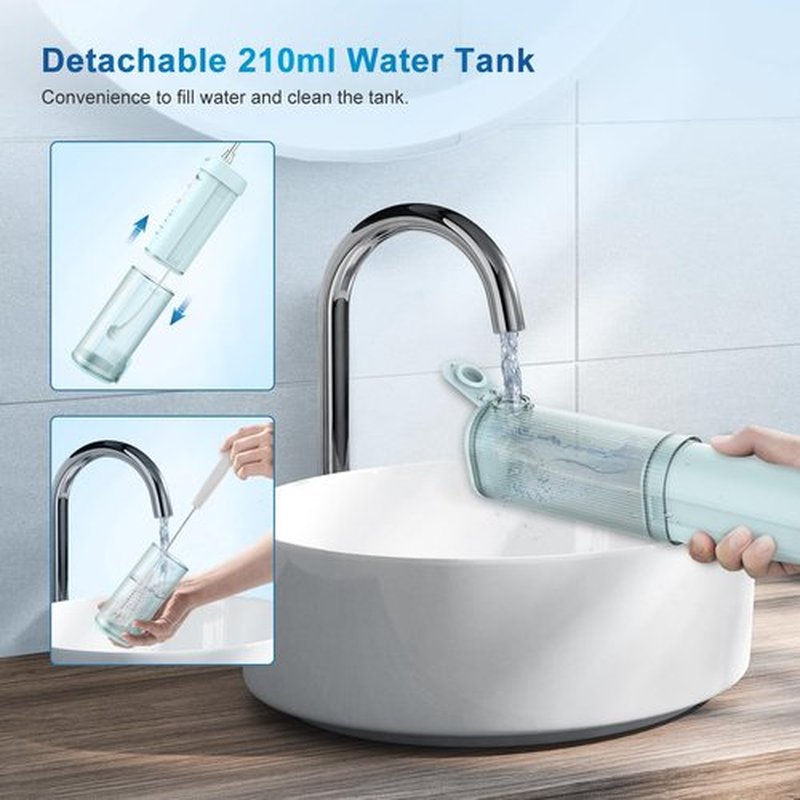 JNGOODS Mini Portable Water Flosser Oral Irrigator Water Teeth Cleaner Pick, Telescopic Water Tank, 4 Modes & IPX7 Waterproof, Home & Travel Water Flossers for Teeth, Braces Bridges Care. (Pearl Blue)