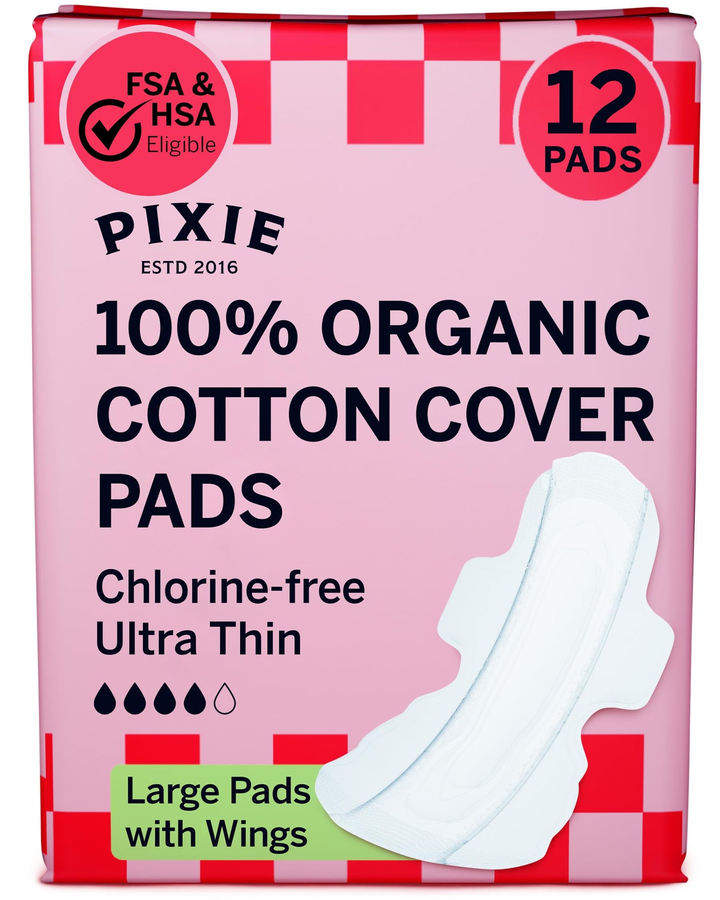 Pixie Organic Cotton Ultra Thin Regular Long Pads with Wings – Comfortable, Leak-Proof Protection for Everyday Flow – Hypoallergenic, Unscented, Soft & Breathable – Eco-Friendly, 12 Count