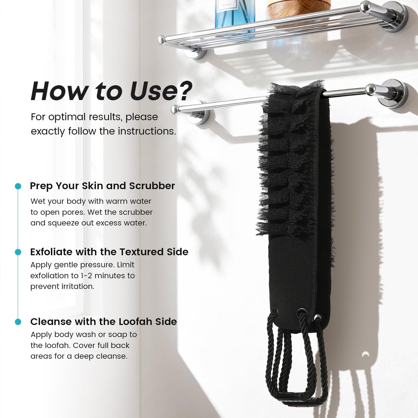 eaxun Back Scrubber with Handles for Shower, 40 Inches Dual-Sided Back Washer with Exfoliating Texture and Loofah for Men, Women and Elderly, Bath Back Exfoliator Body Cleaner for Deep Cleansing