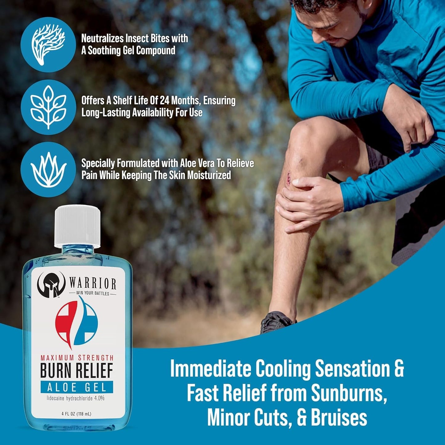 WARRIOR -WIN YOUR BATTLES- Burn Relief Gel for Skin Made in USA Aloe with Aloe Vera Gel with Lidocaine 4% Highly Effective for Sunburns, Insect Bites Relief Fragrance Free (4 FL OZ)