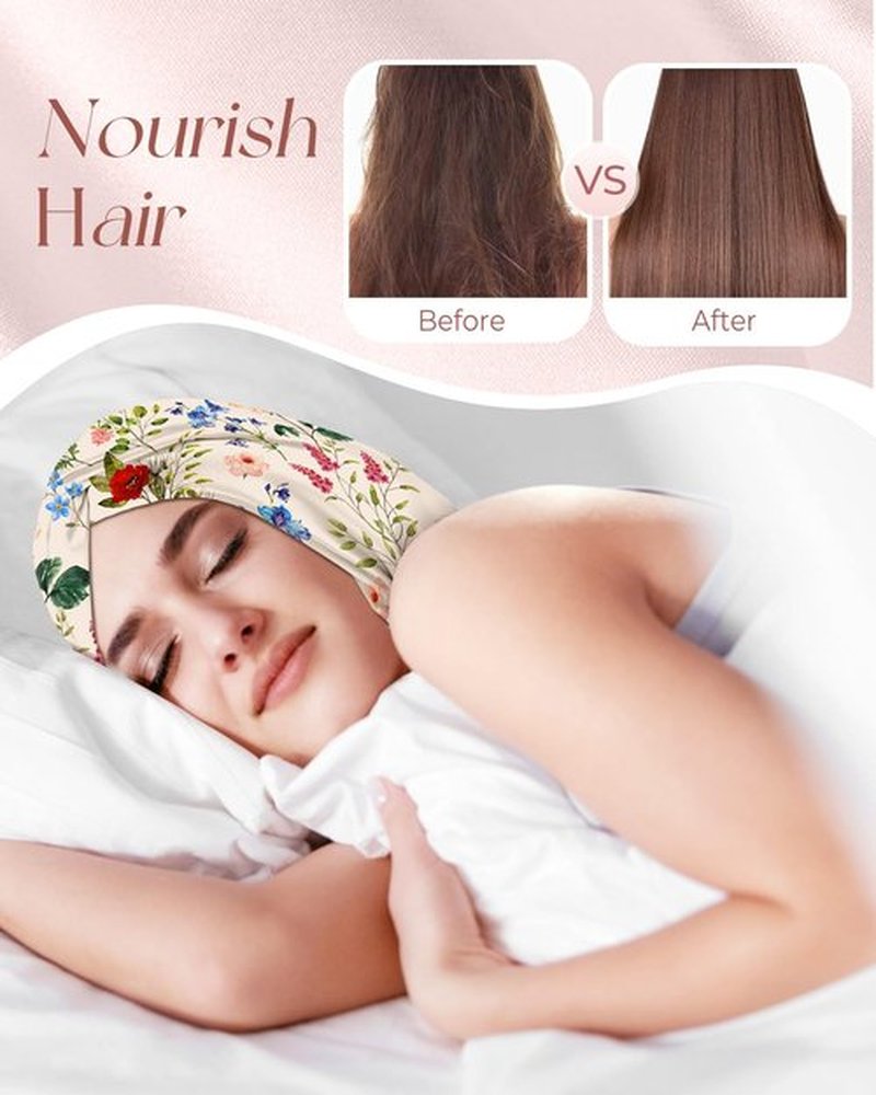 Miss Adola Silk Bonnet for Women - Mulberry Silk Sleep Cap for Hair Care with Eye Mask & Scrunchie 19 Momme Night Cap Sleeping Set with Elastic Stay On Head, Retro Flower