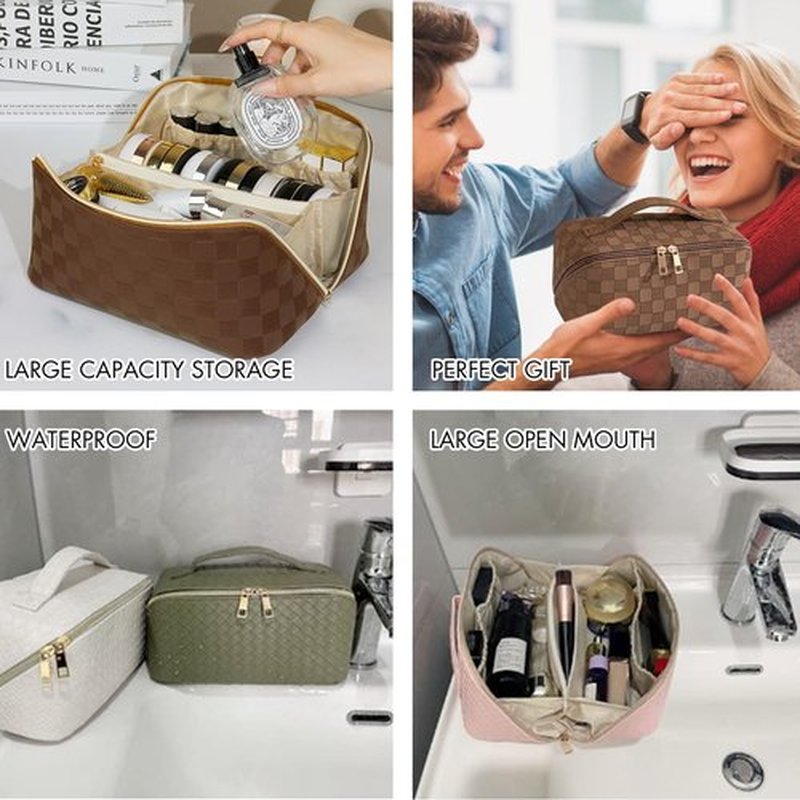 MINGRI Large Capacity Travel Cosmetic Bag for Women,Portable PU Leather Checkered Makeup Bag Water Resistant,Flat Open Multifunctional Storage Toiletry Bag with Divider and Handle (Brown)