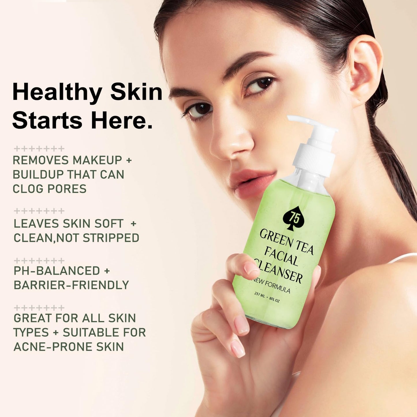 75 Green Tea Face Wash, Hydrating Facial Cleanser with Vitamins A, C, E, and Kale Extract, Gentle Facial Cleanser for Women, Vegan, pH-Friendly, Water-Based for All Skin Types, 237ML/8 oz