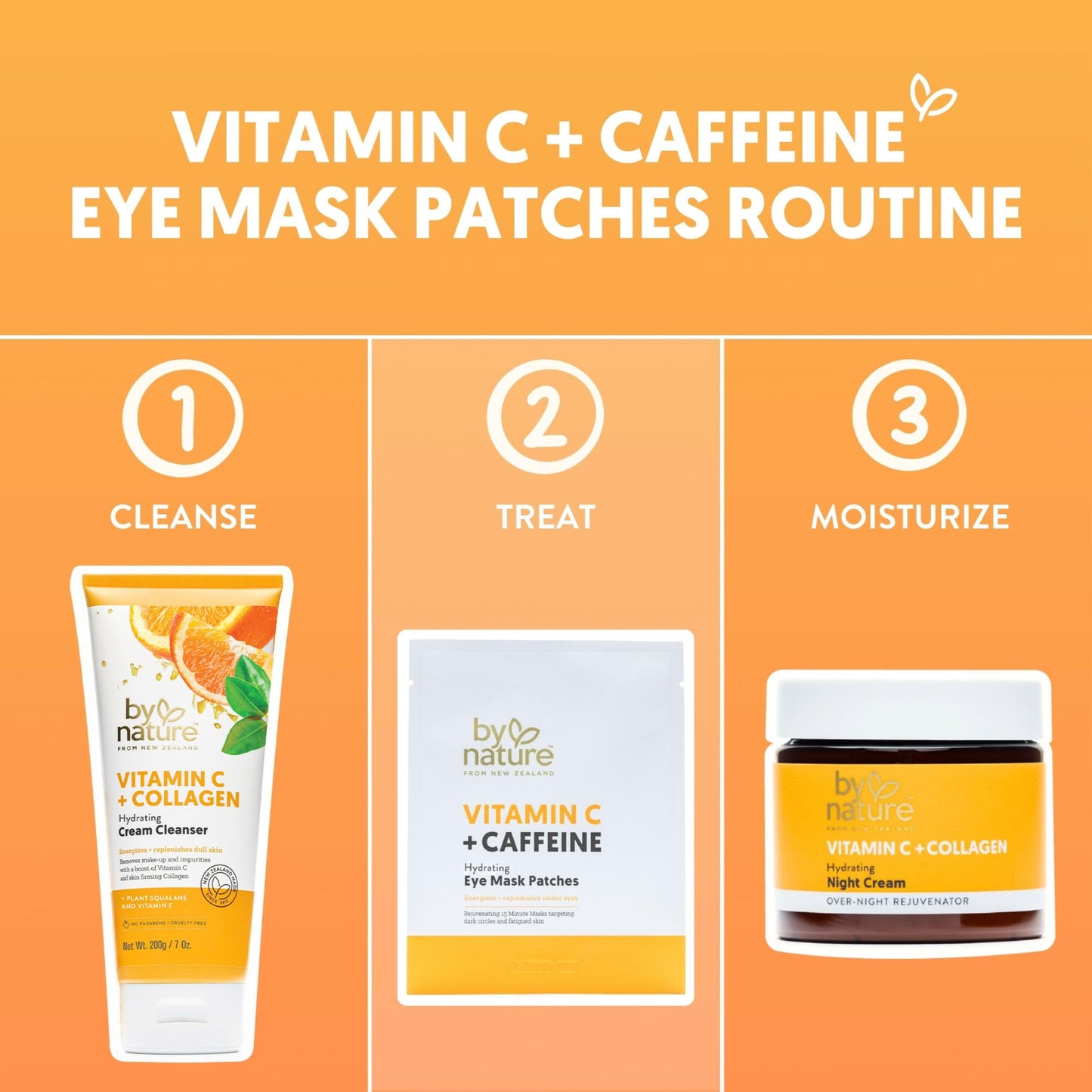 By Nature Vitamin C + Caffeine + Hydrating Under Eye Mask Patches - Energizing + Replenishing Eye Patches for Dark Circles - Skincare from New Zealand - Under Eye Patches - 5 Pairs