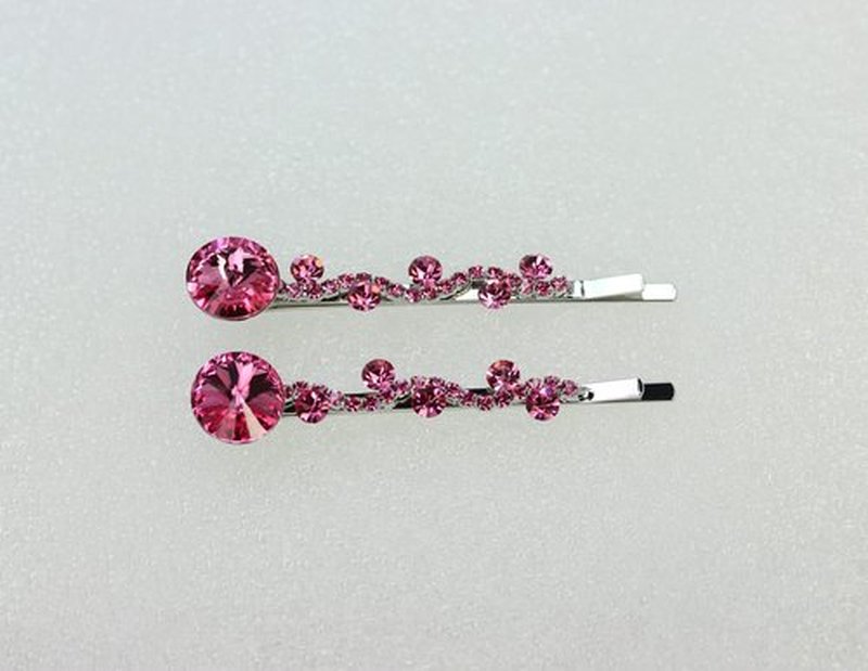 Faship A Pair Of Pink Premium Rhinestone Crystal Floral Hair Clips 2 Pcs Pins - Pink
