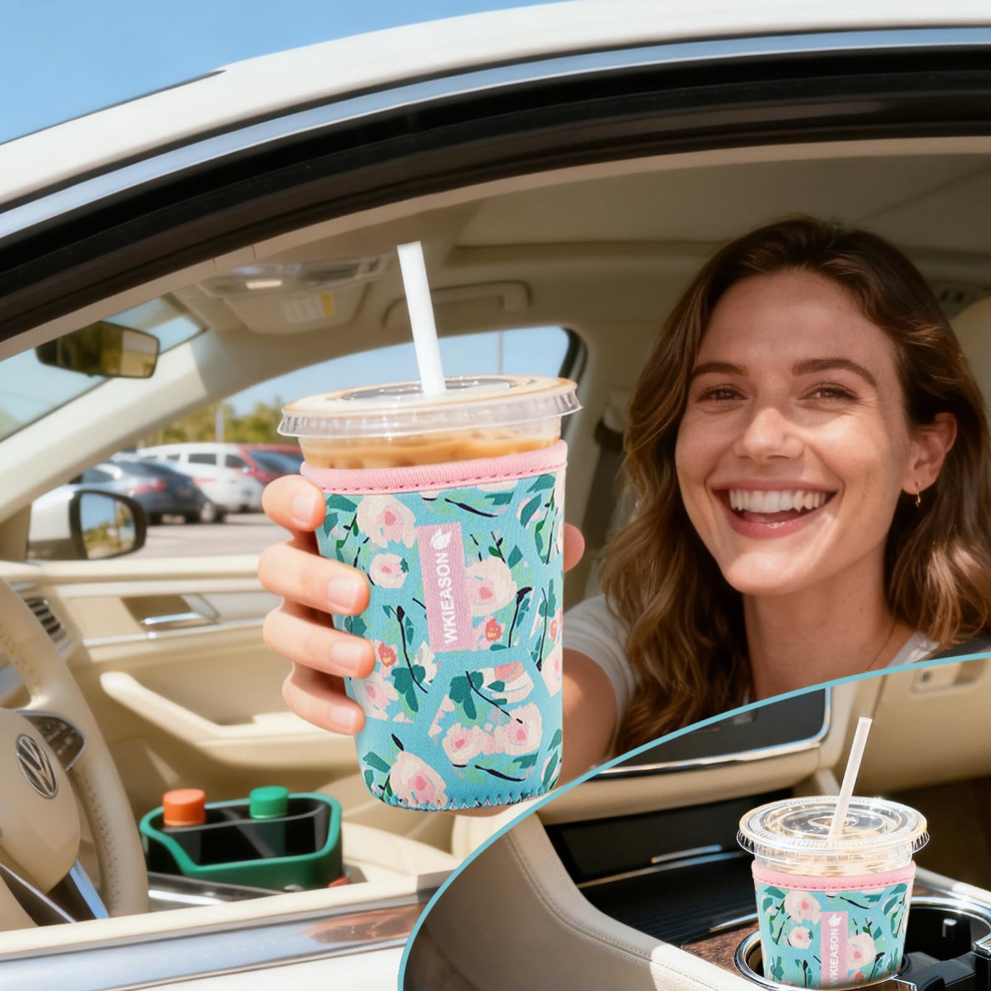 Reusable Iced Coffee Insulator Sleeve for Cold Beverages and Neoprene Cold Coffee Cup Sleeves Cooler Cover 16-32OZ for Coffee Cups, McDonalds, Dunkin Donuts, More(Floral flower)