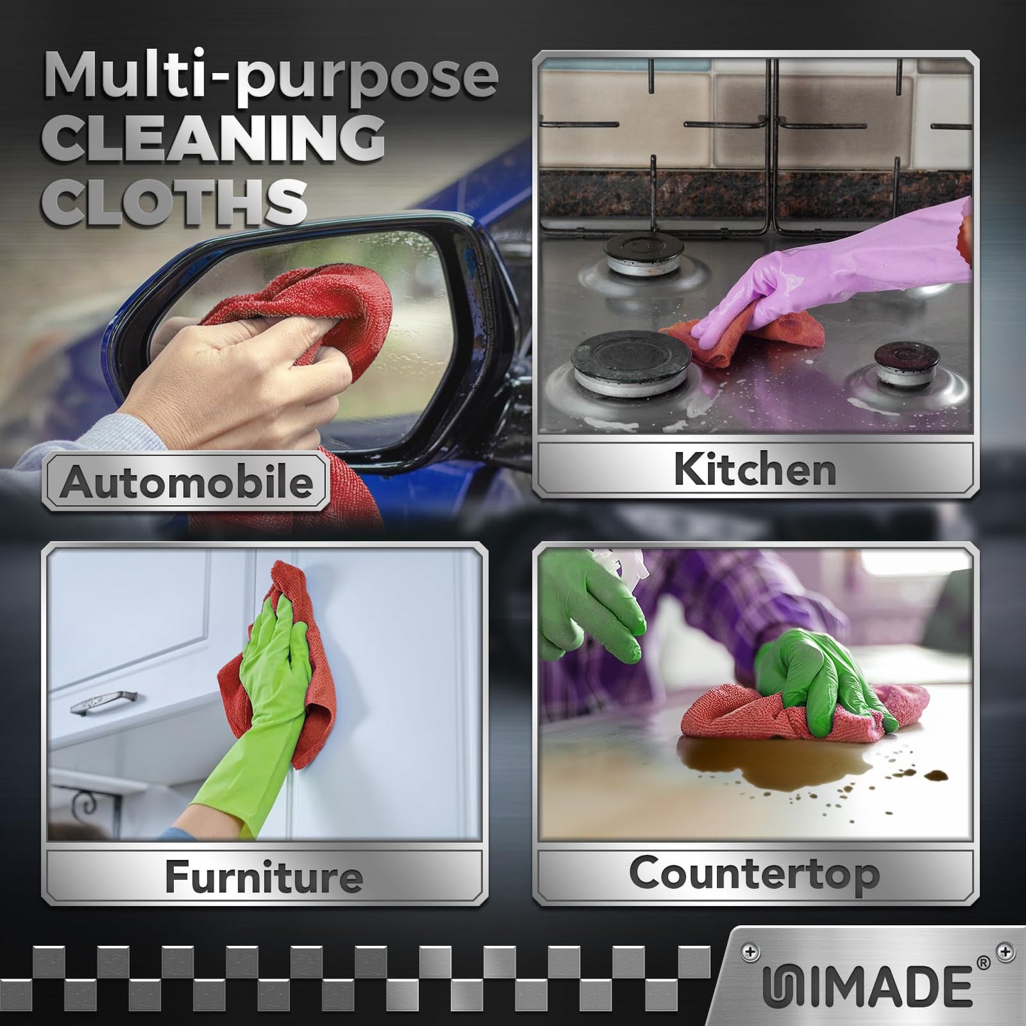 UNIMADE Shop Towel Rag, 200 Pack Reusable Rags Bulk Microfiber Cleaning Cloth Lint Free Towels for Car Kitchen Automotive Bar Mechanic Restaurant Garage, 11.5"x 11.5", Red