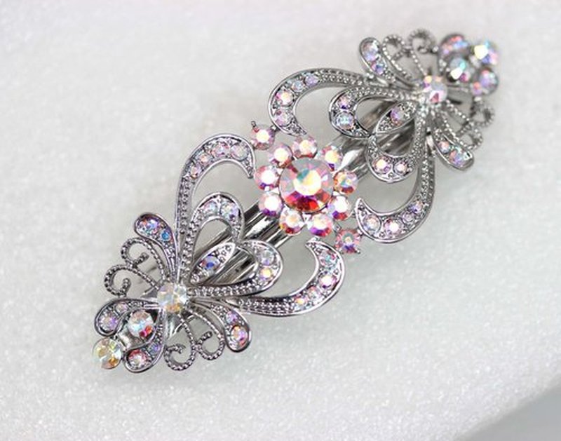 Faship Gorgeous AB Crystal Hearts And Floral Hair Barrette