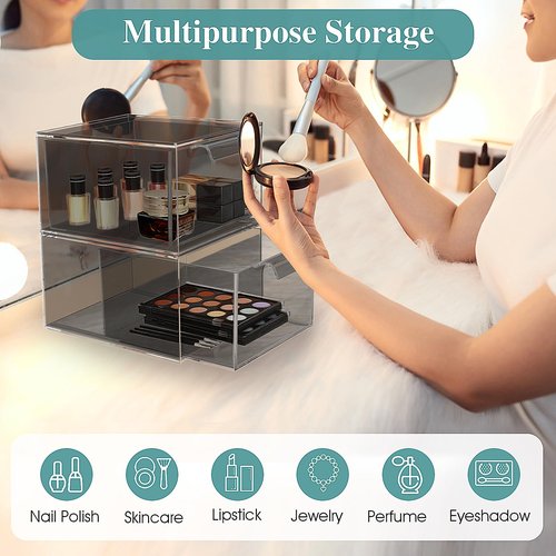 SpaceHacks 2 Pack Stackable Makeup Organizer and Storage, Acrylic Organizers，Clear Plastic Storage Drawer with Pull-Out Handles for Vanity, Undersink, Kitchen Cabinets, Pantry, Black