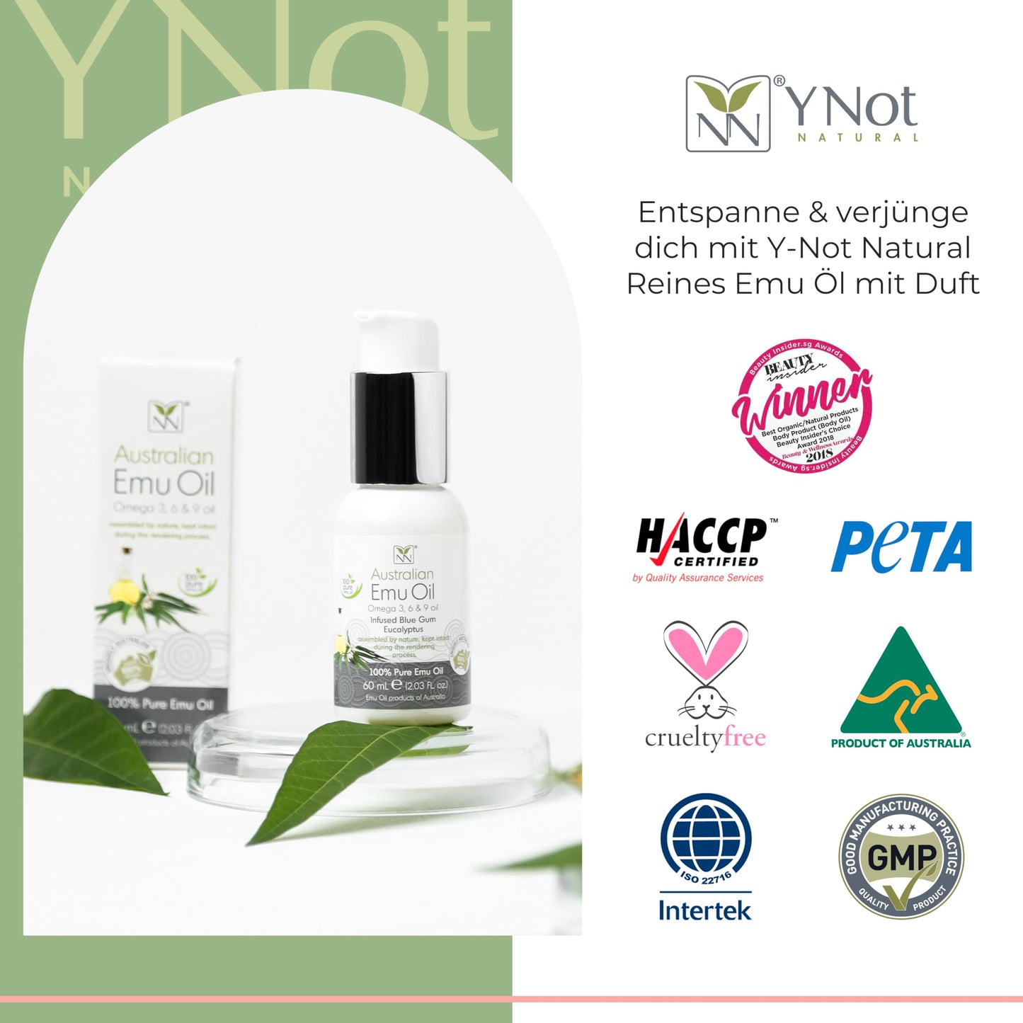 Y Not Natural Pure Emu Oil - Organic Moisture for Face, Body, Hair, Scalp & Nails - Rich in Omega 3-6-9, Vitamins & Essential Minerals - Australian Emu Oil (60ml) 2.03 fl oz - Eucalyptus