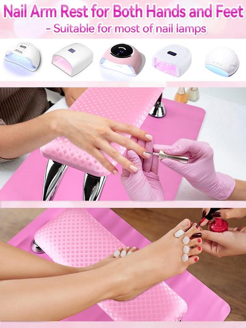 TOROKOM Nail Arm Rest for Acrylic Nails with Nail Pillow Mat Elbow Pad, Nonslip Microfiber Leather Arm Hand Rest Hand Pillow Cushion Nail Set for Professional Nail Tech Use (Pink)