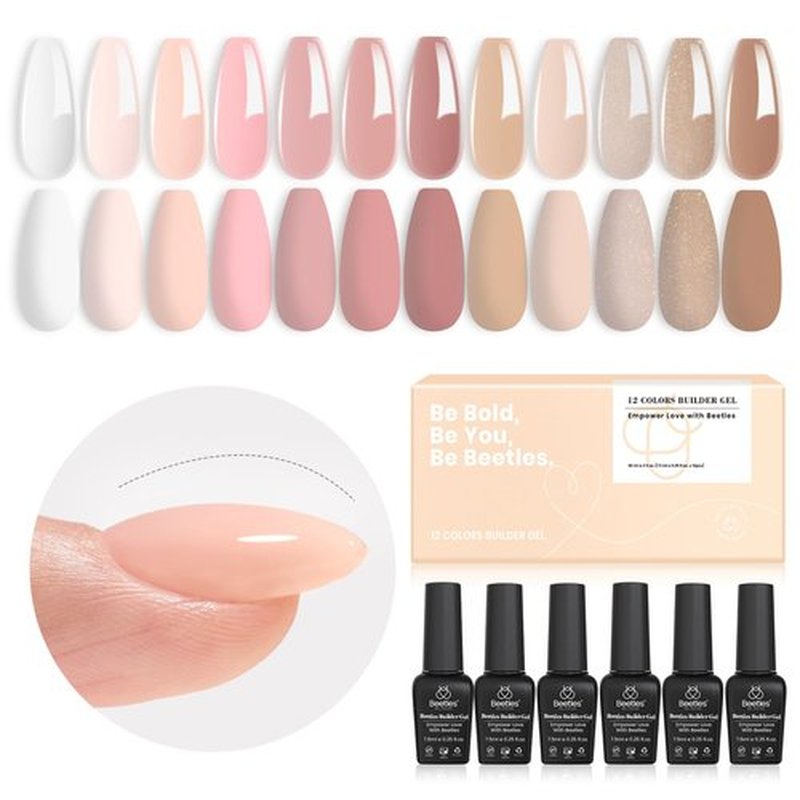 Beetles Builder Gel for Nails, 12 Pcs 8-in-1 Pink Rose Nude Gel Builder for Nails, Beige White Colors Hard Gel Builder Extension Gel, Nail Strengthener Gel, Nail Art Design Fall Gifts for Women