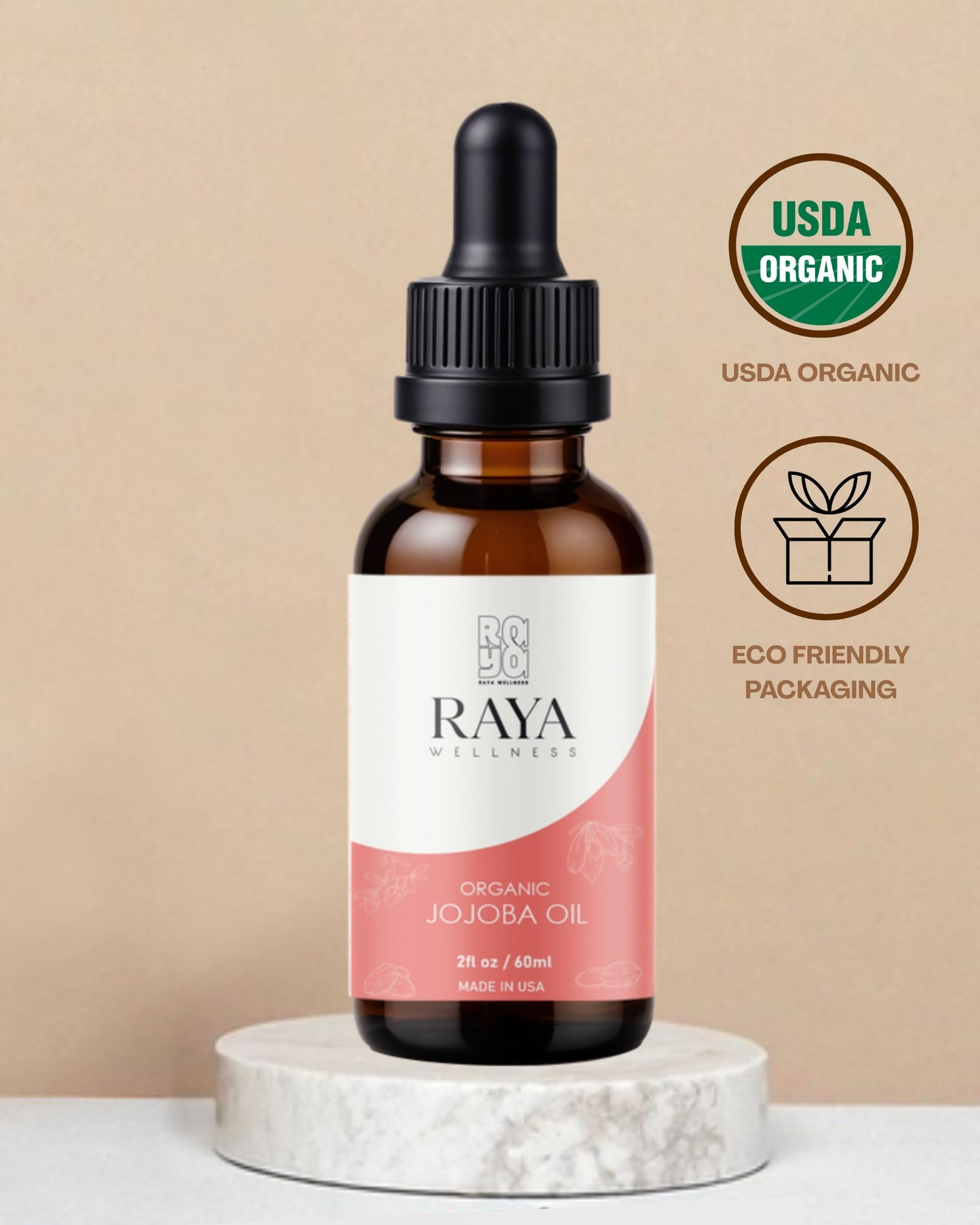 Raya Wellness - USDA Organic Jojoba Oil - Cold-Pressed - Made in USA - Glass Bottle - 2 fl oz (60 ml)