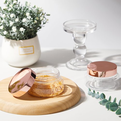 Tessco 24 Pack Plastic Jars with Lids Labels Plastic Containers Round Refillable Cosmetic Containers Empty Body Butter Jars Sugar Scrub Containers for Cosmetics (Clear, Rose Gold,5 oz)