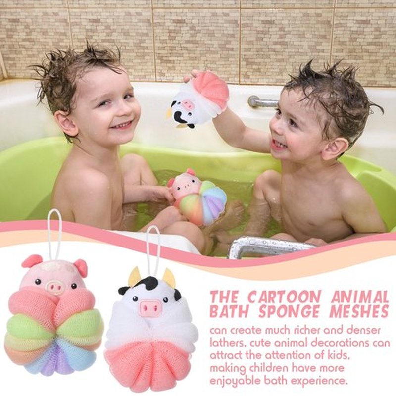 Nuenen 2 Pcs Bath Loofahs Kids Toddler Body Loofahs Cute Cartoon Kids Loofah Kid Bath Sponges Loofah Bath Pouf Body Scrubber Mesh Loofah Sponges for Children Shower Washing (Calf, Pig)