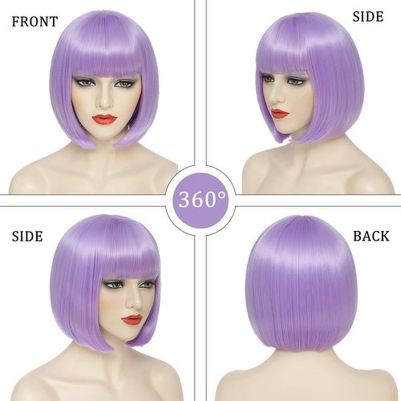 YBYMCAI Purple Bob Wig With Bangs Short Light Purple Bob Wigs For Women Lavender Straight Bob Bangs Wig 10 Inch Heat Resistant Synthetic Hair Natural Looking For Daily