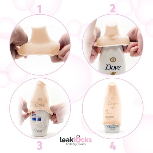 LeakLocks® Toiletry Skins™ Elastic Sleeve for Leak Proofing Travel Container in Luggage. For Standard and Travel Sized Toiletries. Reusable Accessory for Travel Bag Suitcase and Carry-on Luggage
