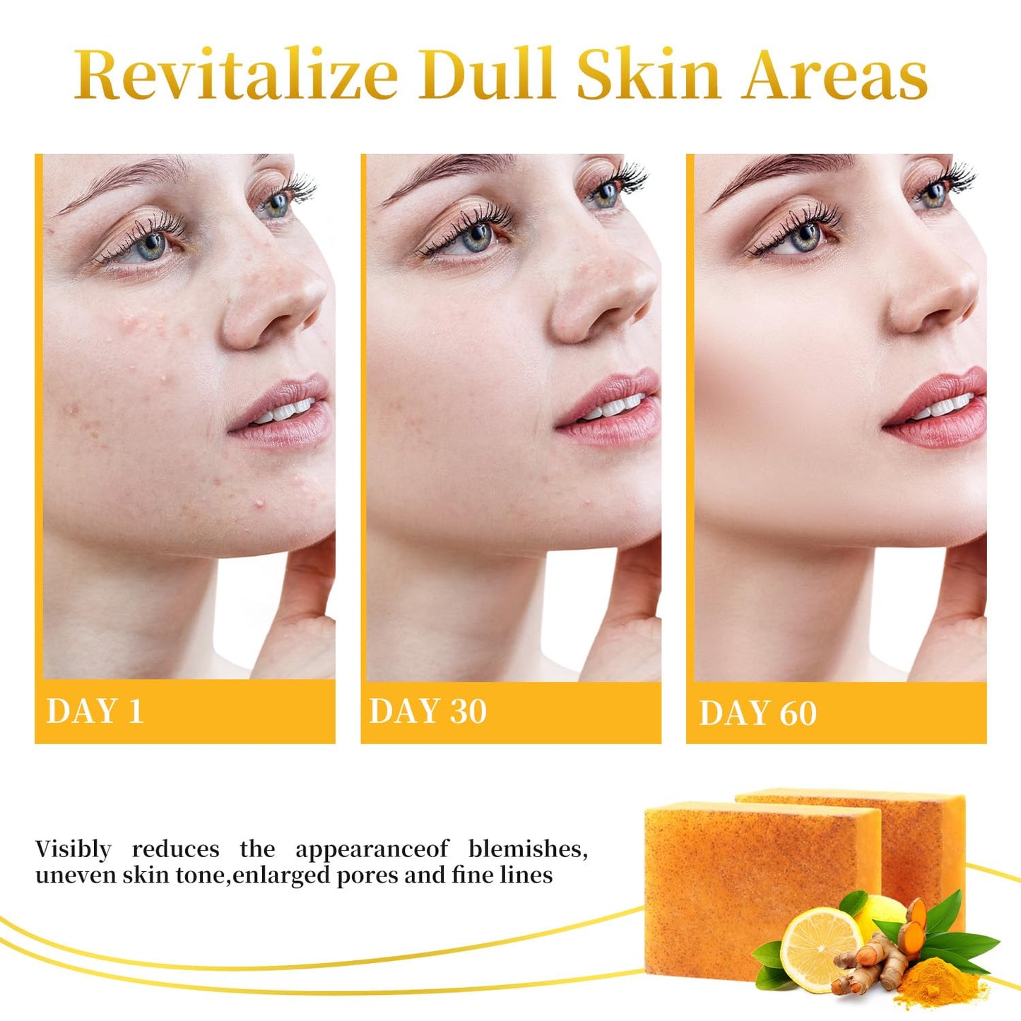 DOXOLATO Lemon Turmeric Soap Bars for Face Body - Improve Skin Texture Turmeric Soap Bar with African Net Sponge, 4 Bars