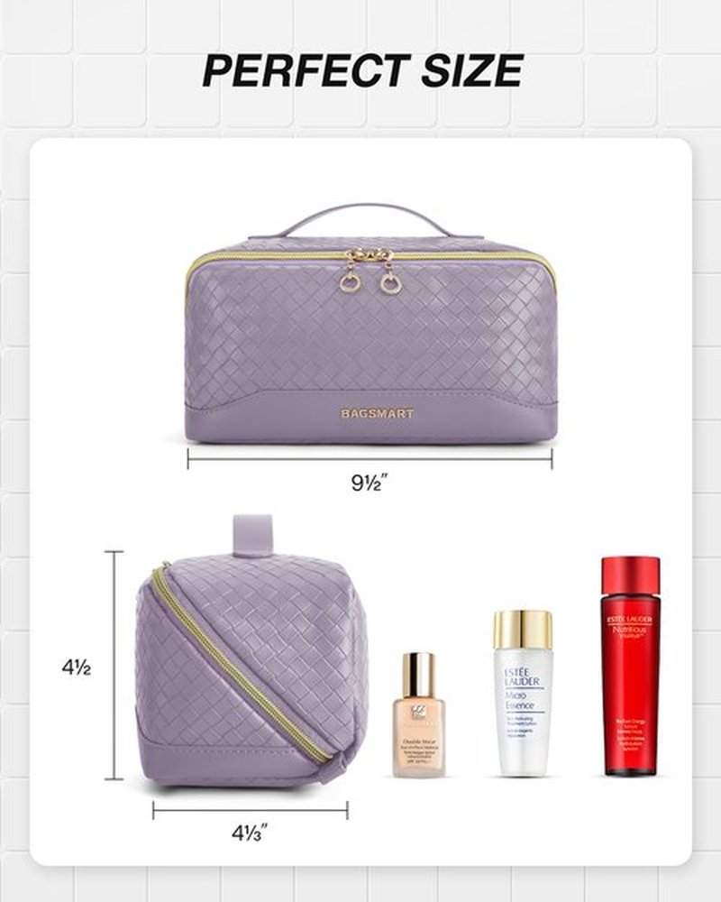 BAGSMART Makeup Bag Cosmetic Bag, Travel Makeup Bag, PU leather Makeup Bags for Women Portable Water-resistent Pouch Open Flat Make Up Organizer Bag for Toiletries, Brushes, PU Leather Purple