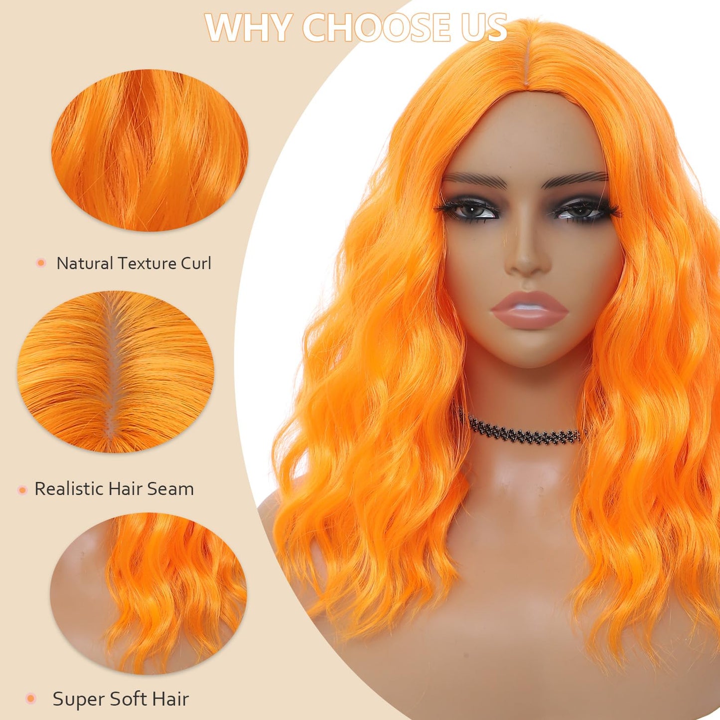 BEAUTIFA Orange Wig for Women, Wavy Curly Orange Bob Wigs Middle Part 14 Inch Shoulder Length Heat Resistant Synthetic Colorful Wig