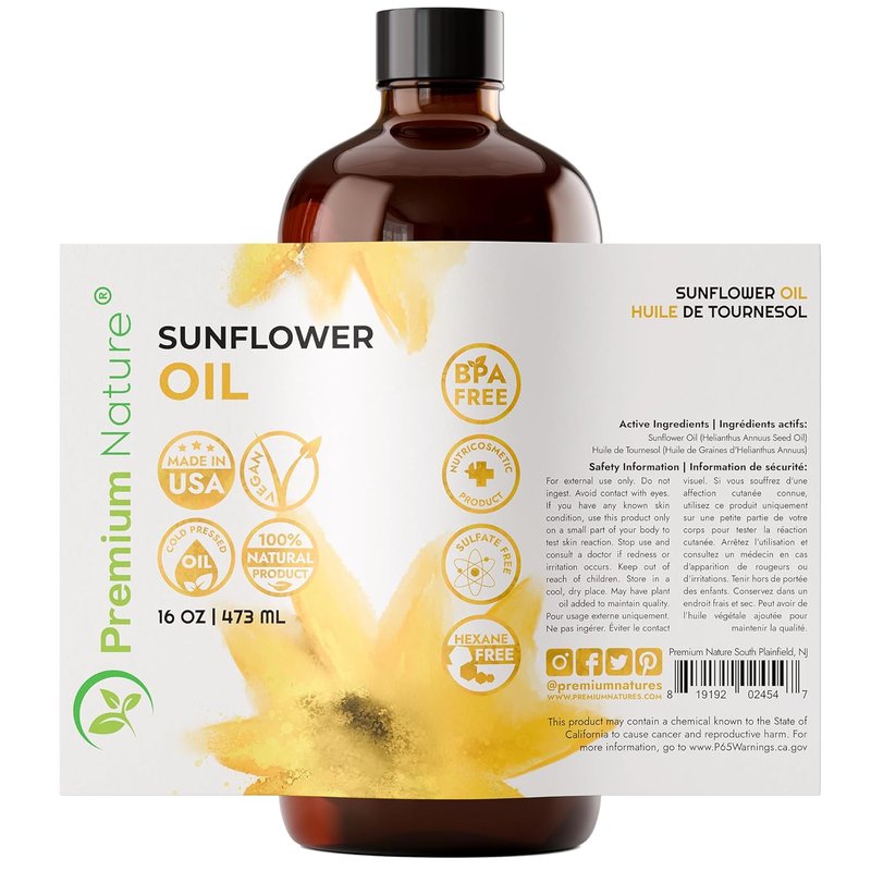 Sunflower Carrier Oil - Cold Pressed Unrefined Seed Oil for Face, Hair & Skin | 16oz
