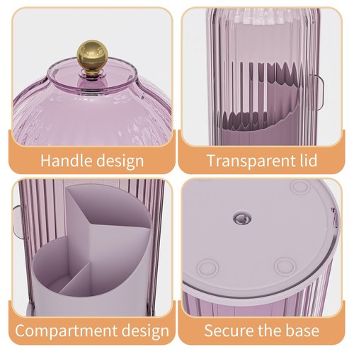 Zufudo Makeup Brush Holder Organizer with Lid 360° Rotating Makeup Organizer Countertop Dustproof Cosmetics Organizer for Vanity Bathroom, Pink Purple