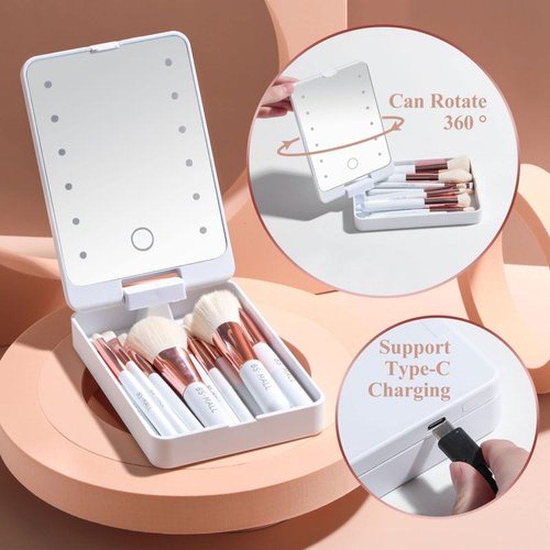 BS-MALL Travel Makeup Brush Set Foundation Powder Concealers Eye Shadows Makeup Set with LED light Mirror 14 Pcs (White)…