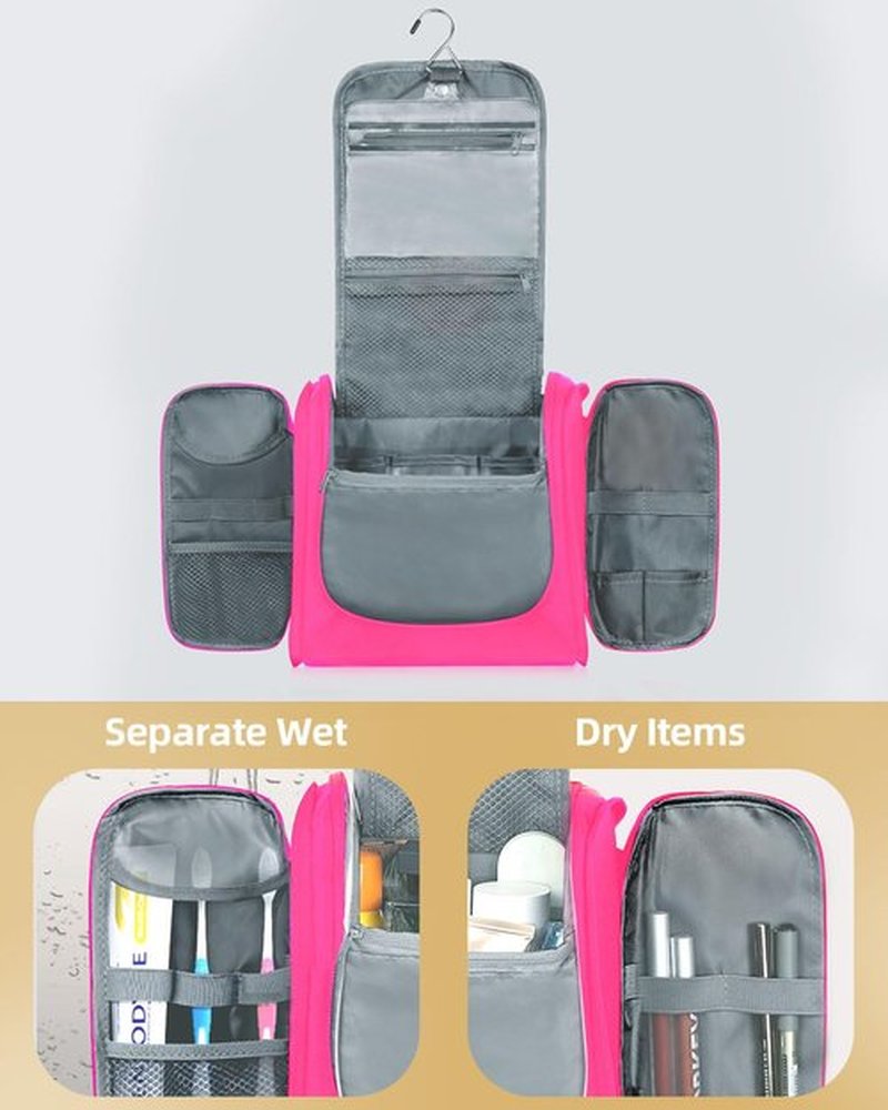 MULISOFT Toiletry Bag for Women, Hanging Travel Toiletry Bag with Large Capacity, Water-resistant Makeup Bag with 16 Compartments for Toiletries and Cosmetics, Toiletry Organizer Bag, Rose Pink