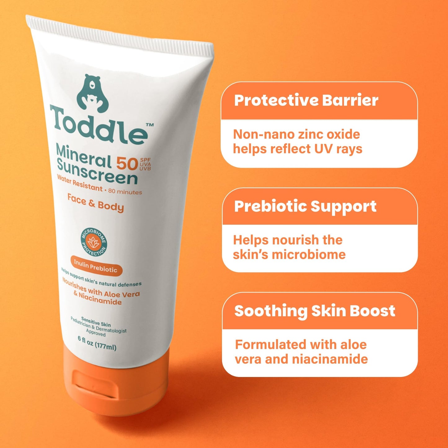 Toddle Prebiotic Mineral Sunscreen SPF 50 for Kids & Baby, Face & Body Sun Protection, Reef Safe, Non-Toxic Zinc Oxide Broad Spectrum, Water-Resistant, No White Cast, Travel Size 3.4oz