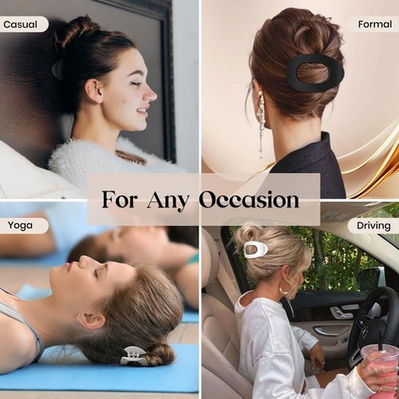 Oeusnael 2 PCS Flat Hair Clips, French Round Lay Down Claw Clips for Women Girls, Matte Non-slip Strong Hold Hair Clips for Thick Thin Curly Hair, Comfortable Curved Flat Hair Clips, White & Black