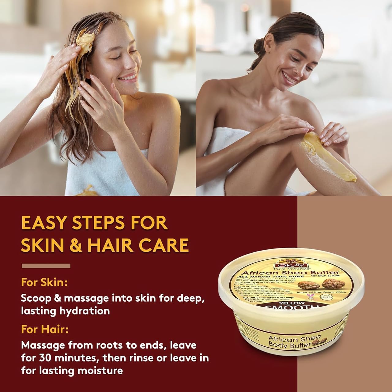 Okay 100% Natural African Shea Butter Yellow Smooth Deep Moisturizing Restores Moisture To Dry Damaged Skin Reduces Skin Damage Heals & Nourishes Made In USA 1oz