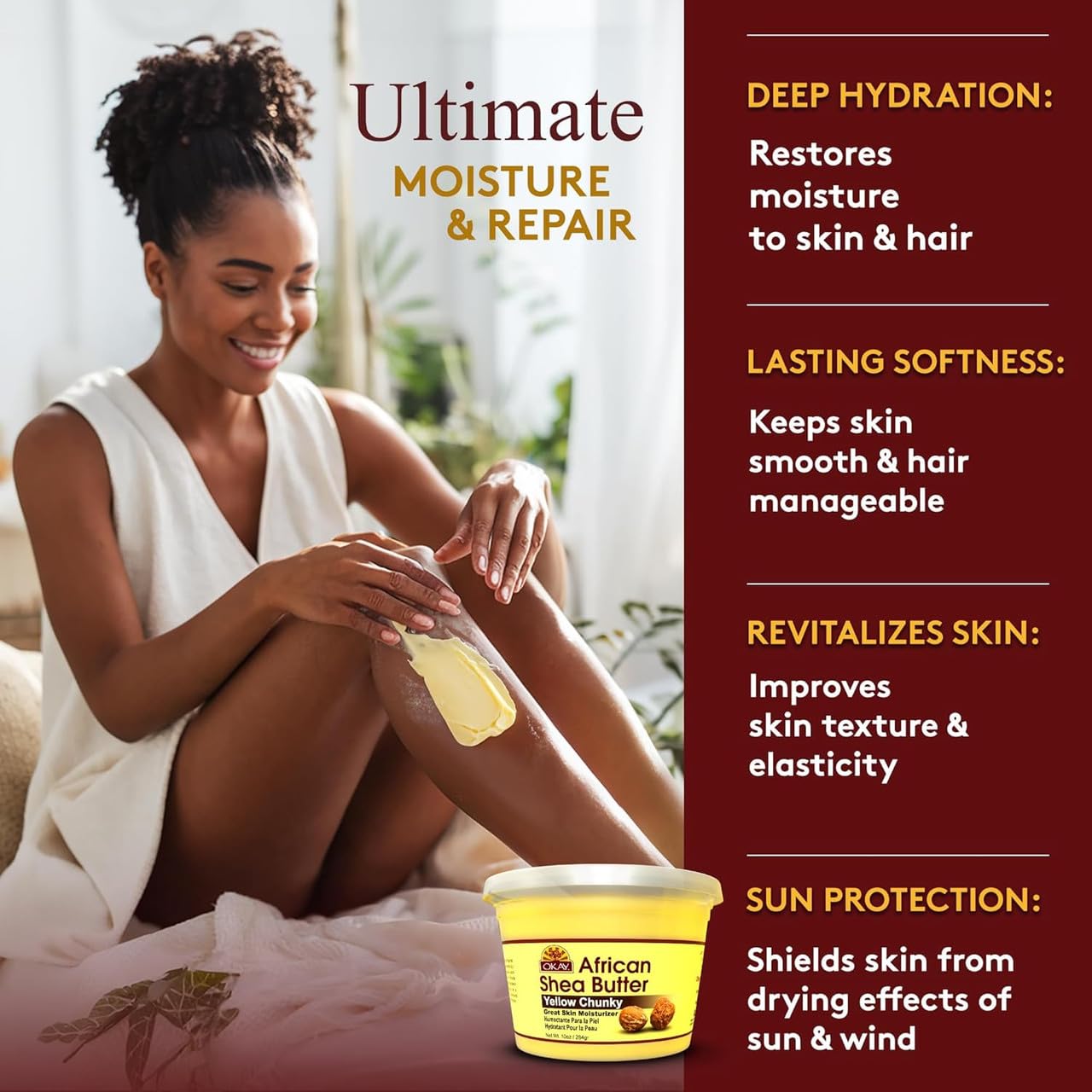 OKAY Raw African Shea Butter Yellow chunks10 oz – 100% Pure Unrefined Moisturizer for Face, Body & Hair – Deep Hydration for Dry Skin, Stretch Marks, Scalp Care & Hair Shine