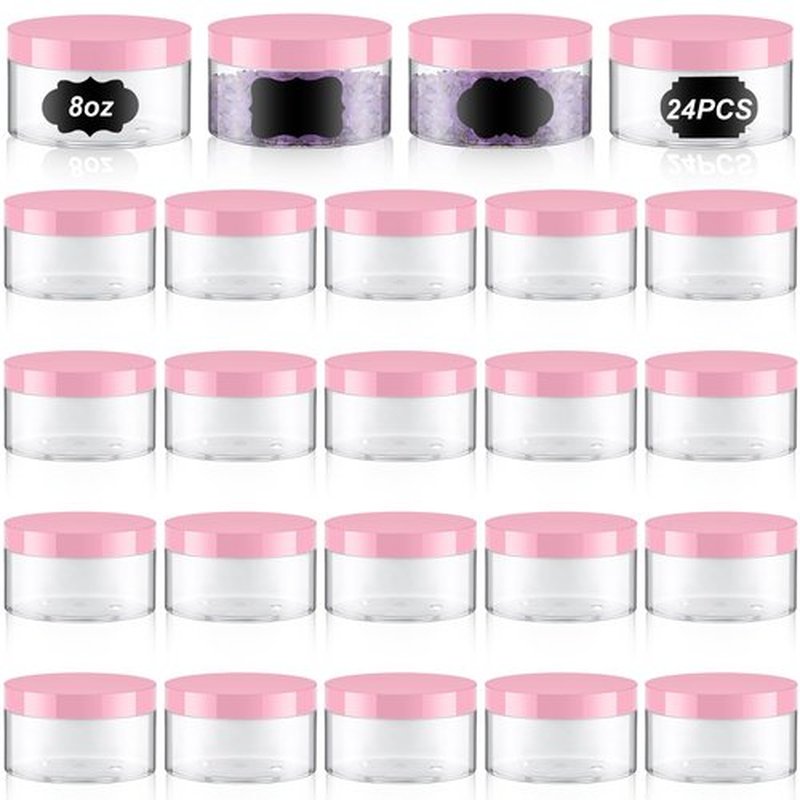 Dandat 24 Pcs Plastic Jars with Lid and Label PET Cosmetic Containers Leak Proof Empty Cosmetic Jars Refillable Storage Travel Jars for Lotion Cream Gel Powder Ointment(Clear with Pink Lid,8 oz)