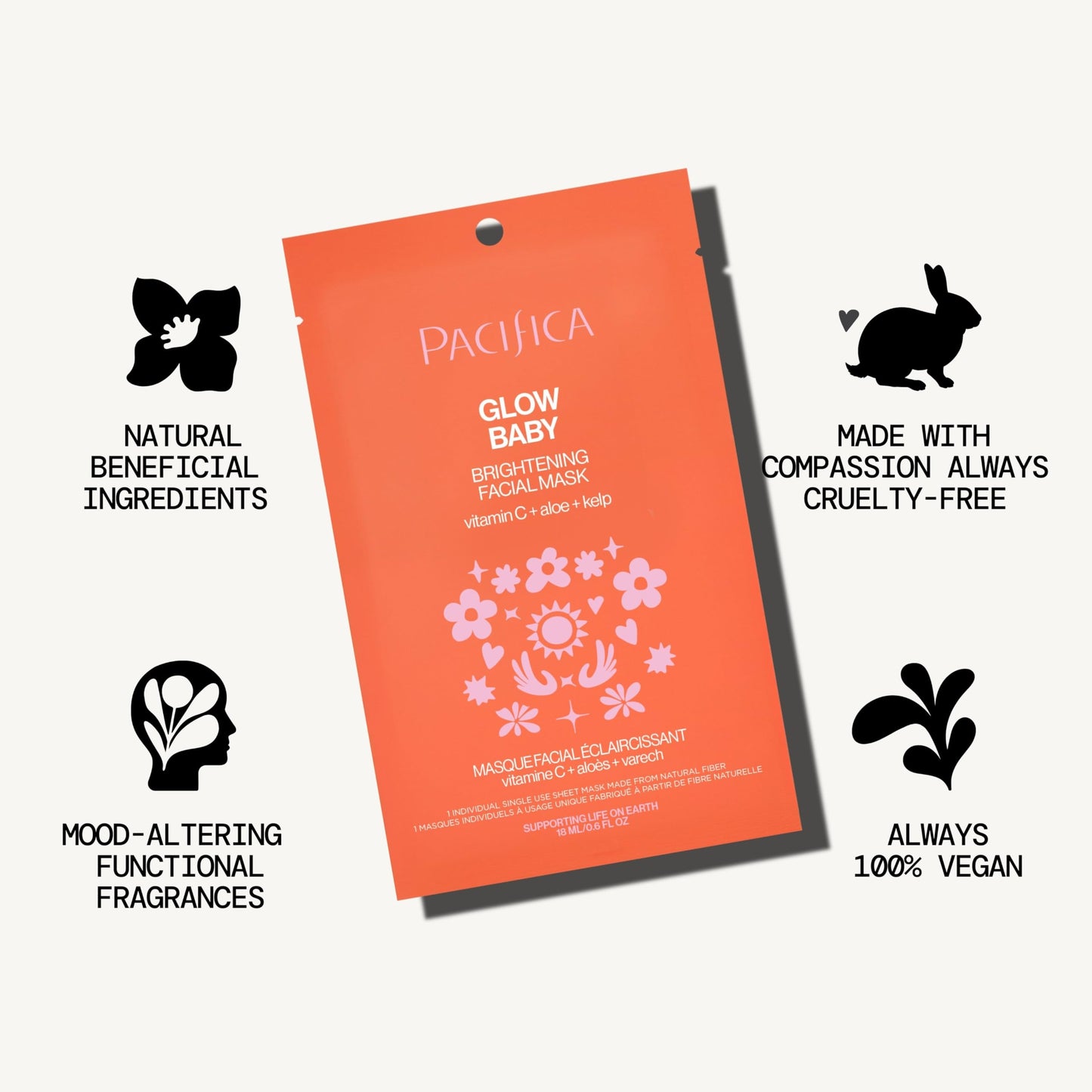 Pacifica Glow Baby Brightening Vitamin C Face Mask 4-Pack – Hydrating Serum-Soaked Sheet Mask for Glowing Skin, Fights Dullness & Dark Spots, Infused with Aloe & Kelp, 100% Vegan & Cruelty-Free