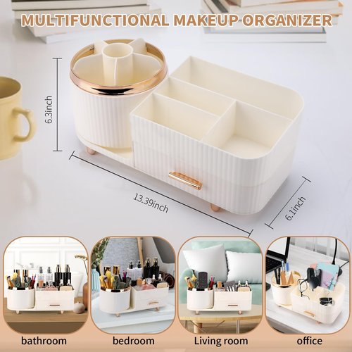 Molutsody Makeup Organizer for Vanity, Cosmetic Display Case with Drawers, Fits Makeup, Skincare Products, Brushes, Lipsticks, and Other Accessories, Versatile Storage Solution (White)