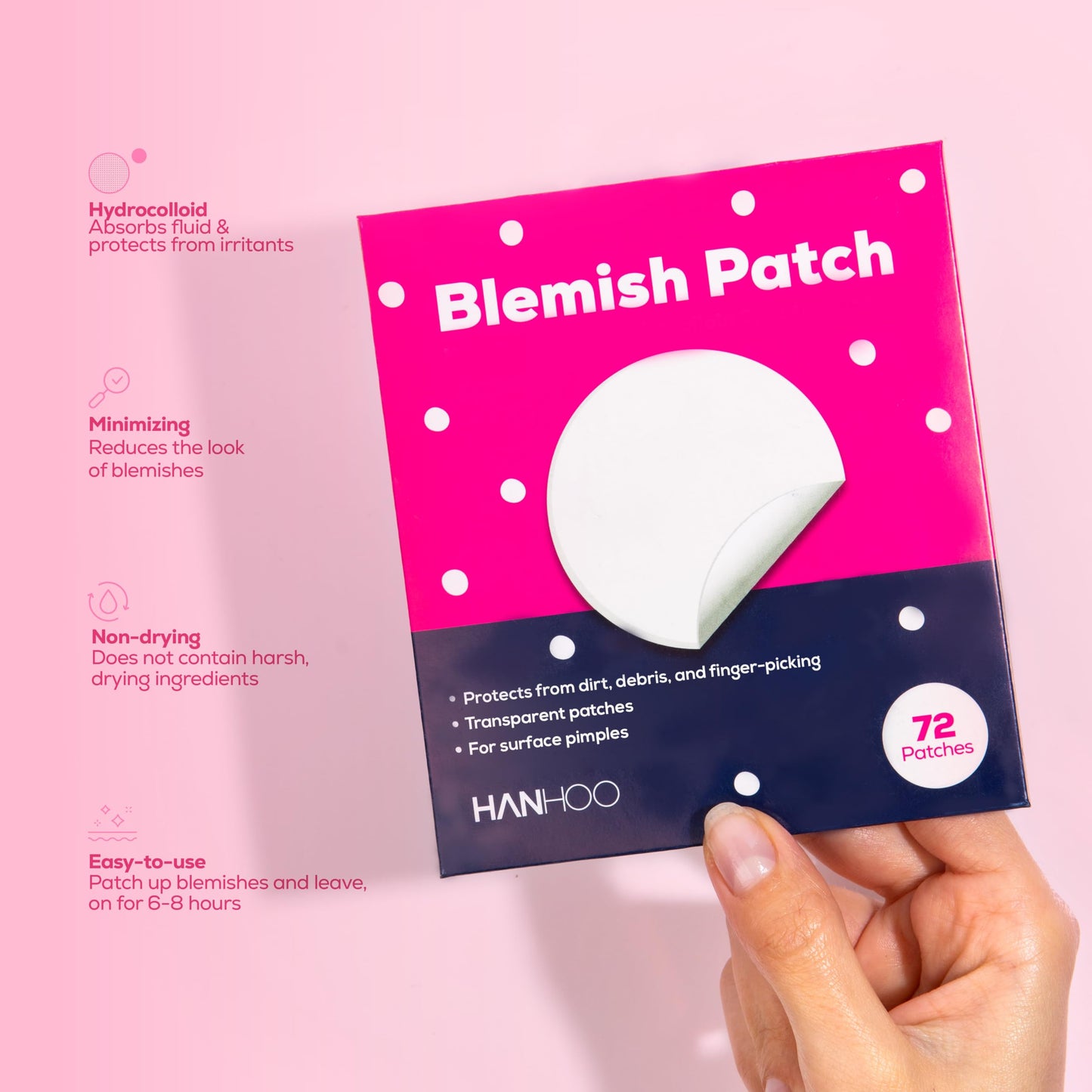 Hanhoo Blemish Patch, 4 Pack, Hydrocolloid Pimple Patches, Shrinks Pimples, Protects from Finger-picking and Dirt, Absorbs Fluid, Acne Spot Patches, Invisible Pimple Patches, Korean Skincare