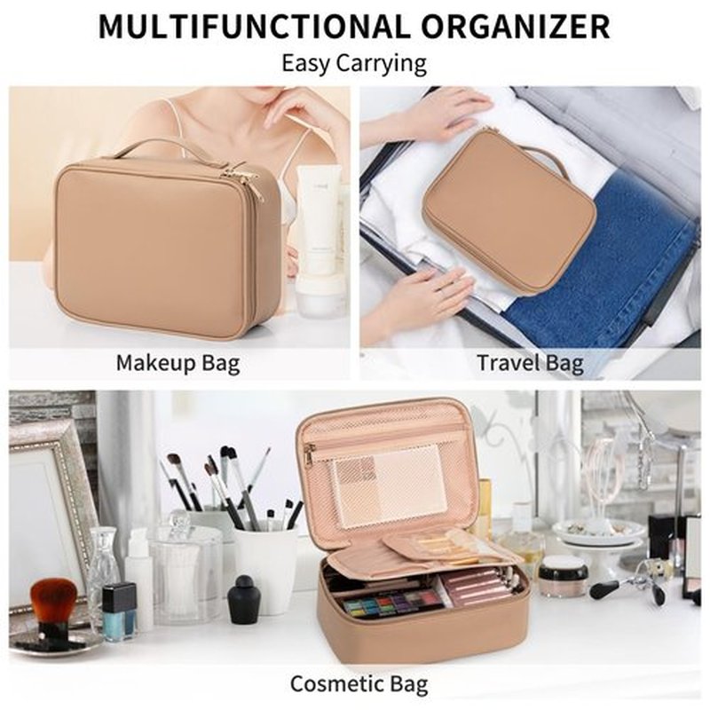 Makeup Bag, Potable Make up Bag Cute Makeup Organizer Bag for Toiletry Cosmetics Accessories with Divider and Brushes Compartments, Makeup Travel Case Cosmetic Bags Women and Girls- Beige Apricot