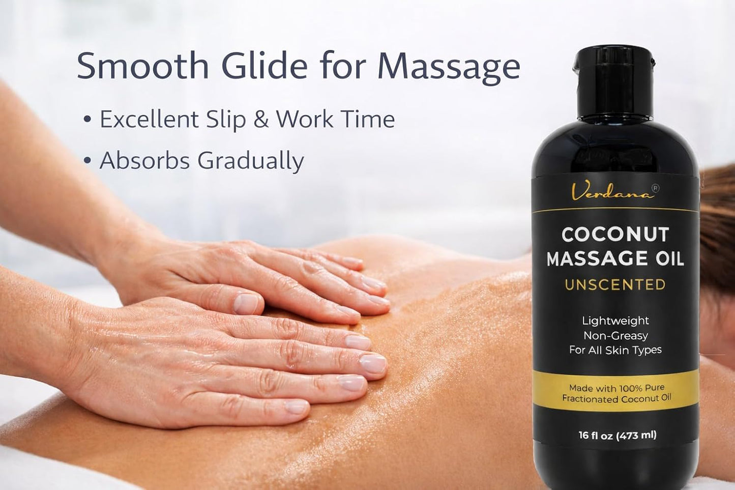 Coconut Massage Oil - Unscented, Lightweight & Non-Greasy for Therapy | 16 fl oz