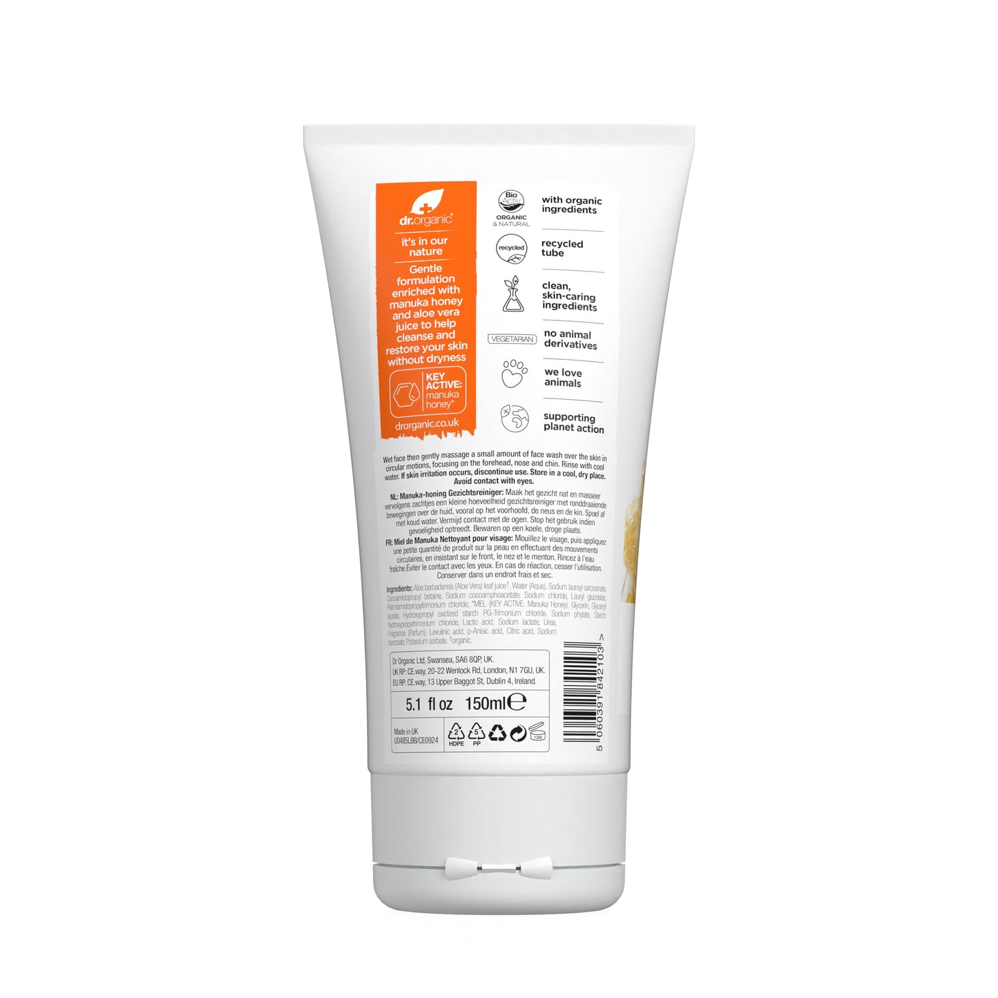 Dr. Organic Manuka Honey Face Wash | Gentle, Soothing, Cleansing, For Dry and Sensitive Skin, Certified Organic, Paraben & SLS-Free, Natural, 150 mL / 5 fl oz
