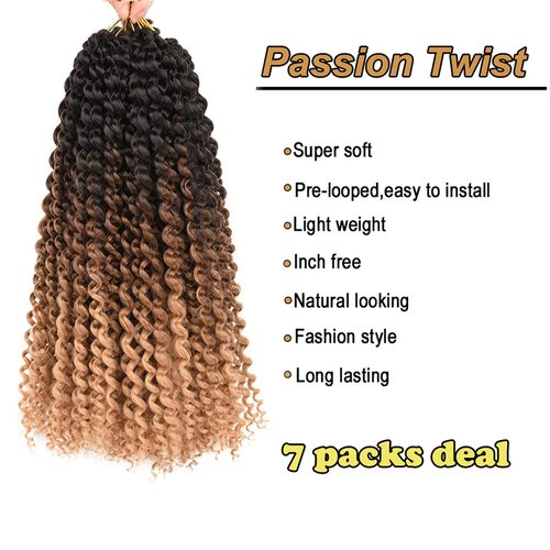 Passion Twist Hair 14 Inch Water Wave Synthetic Curly Crochet Braids for Passion Twist Crochet Braiding Hair Extensions Bohemian Curl 7 Packs (14inch, Ombre brown blonde)