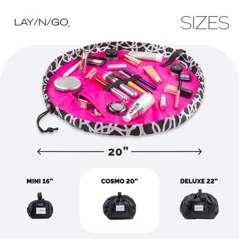 Lay-n-Go Cosmo Drawstring Cosmetic & Makeup Bag Organizer - Portable Drawstring Makeup Bag w/Zipper Pocket, Makeup Loops & More - Durable, Machine Washable Makeup Bag for Travel (20”, Black/White)