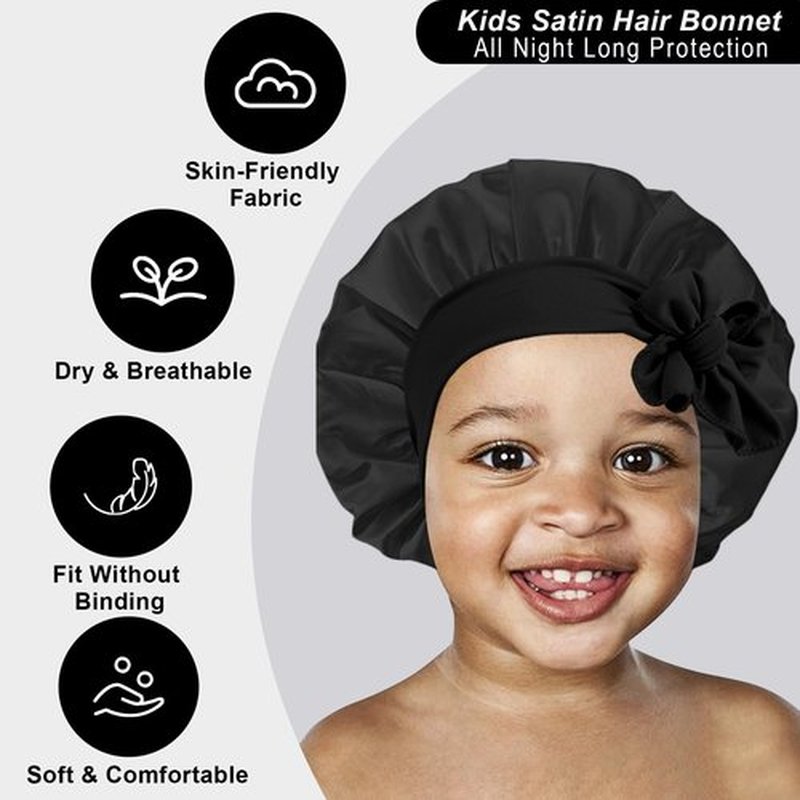 3 Pcs Kids Silk Bonnet for Sleeping - Baby Satin Bonnet for Sleeping,Kids Hair Bonnets for Curly Hair Girls Boys with Wide Elastic Band,Sleeping Cap for Teens Toddler Child (Pink+Black+Light Blue)