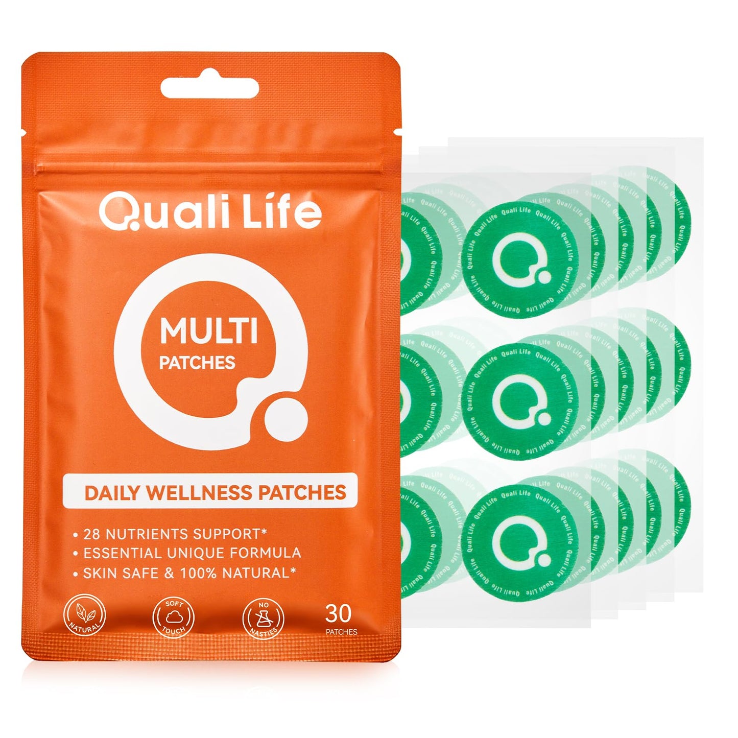QualiLife Multi Plus Topical Patch for Women & Men, Essential Daily Healthy Patches with D3&K2 for Hours Release, 28 Nutrients with Iron Support, 30 Days Supply