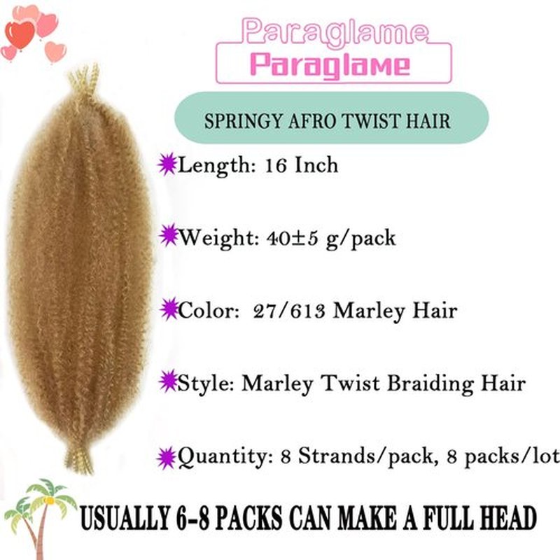 Marley Hair 16 Inch Springy Afro Twist Hair 8 Packs Marley Twist Braiding Hair, Wrapping Hair for Soft Locs Synthetic Crochet Braids Hair Extension for Black Women(16Inch, 27/613)