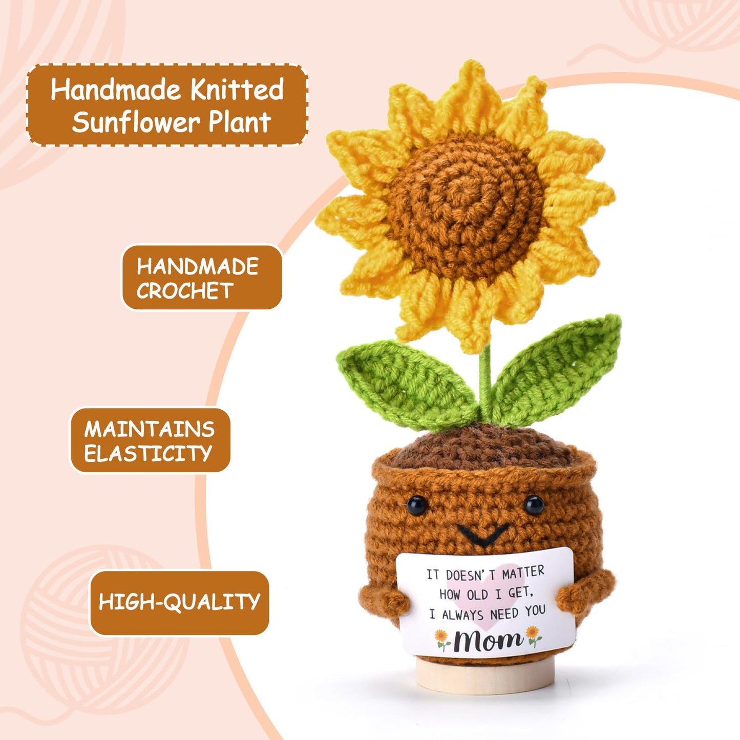 OEAGO Gifts for Mom Mothers Day: from Daughter Son Kids Mini Gifts for Mom Mama Handmade Crochet Cute Small Sunflowe Doll Gift with Base Birthday Present Idea for Mother Knitted Decor 6.69 x 2.75inch