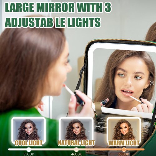 Seoneiro Makeup Travel Bag with LED Lighted Mirror Adjustable Brightness Portable Waterproof Makeup Case with Adjustable Dividers, Make up Train Case Organizer Makeup Brush Accessories and Tool Case